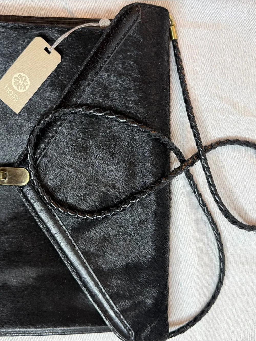 Hoss Black Haircalf Leather Envelope Shoulder Bag Vintage Woven Strap Clutch